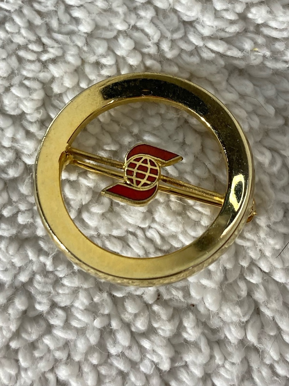 Vintage Scotiabank Red Enamel Gold Tone Circle Bar Brooch Pin